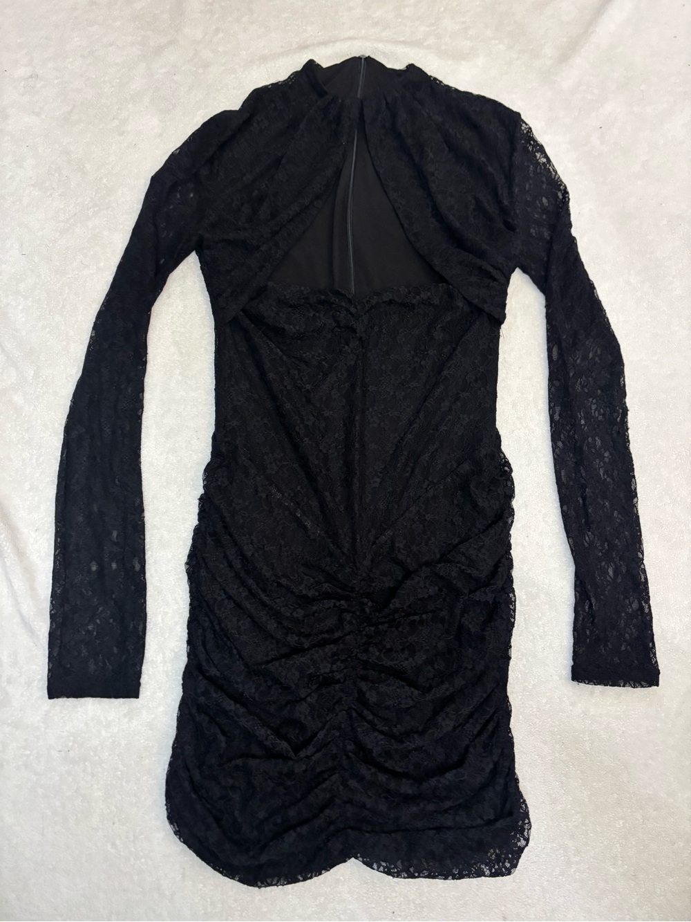 Black Long-Sleeve Lace Ruched Dress
